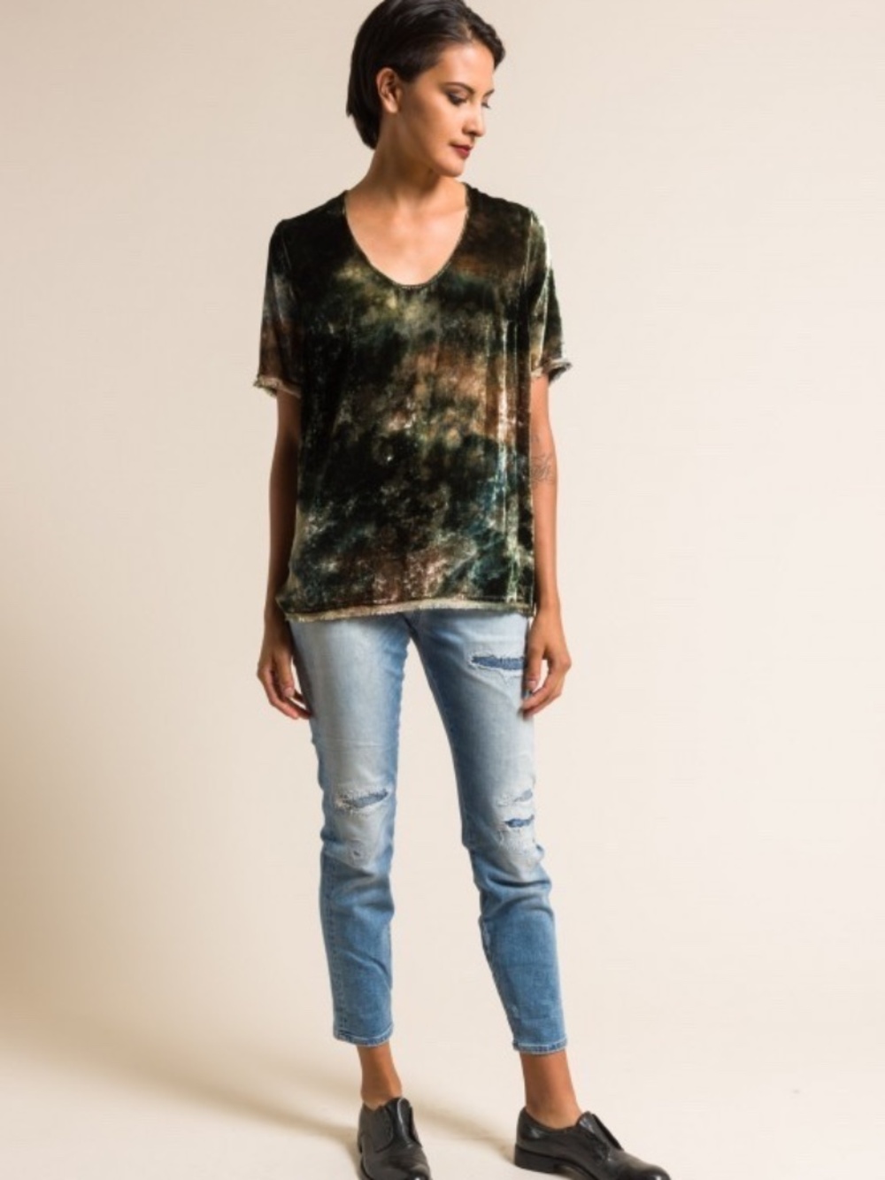 Raquel Allegra Silk Blend Velvet Raw Edge Top in Forest Sz 1 S/M